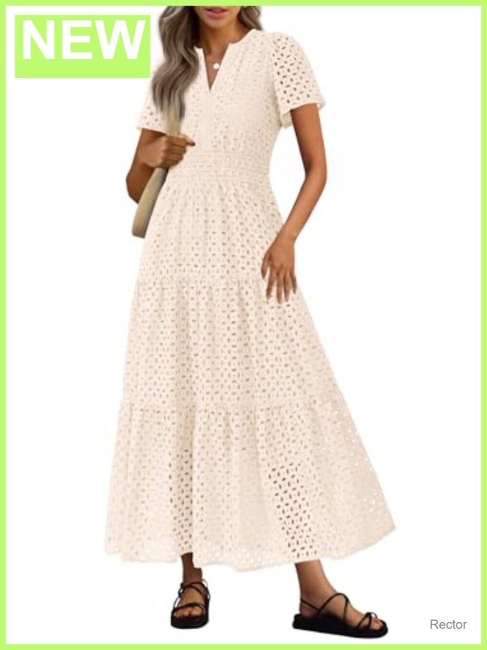 Women's Summer Eyelet Maxi Dress V-Neck Cotton A-Line